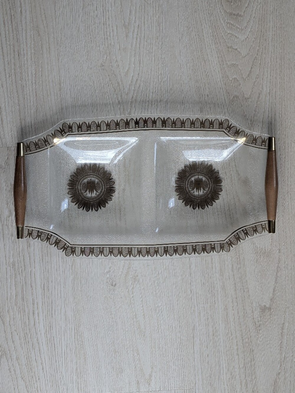 Vintage Georges Briard Glass Tray, Teak Handles, Gold & Brown Design.
